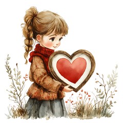 Wall Mural - Watercolor illustration of a cute girl holding a large wooden heart with a red heart inside, surrounded by autumnal plants.