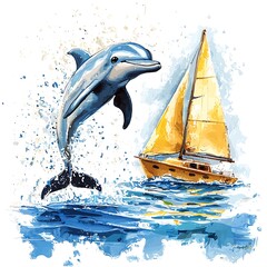 Wall Mural - A playful dolphin leaping from the ocean waves alongside a sailing yacht, depicted in a vibrant, impressionistic style.