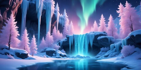 Beautiful scene of a waterfall with a blue river and a pink sky