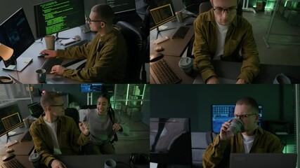 Split screen of young male Caucasian programmer working with program coding in modern office at night, greeting his junior female biracial colleague with fist bump