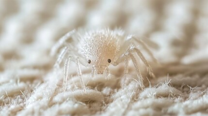 Close-up of a tiny white spider on a textured fabric background, showcasing intricate details of its body and environment in high resolution, emphasizing delicate features