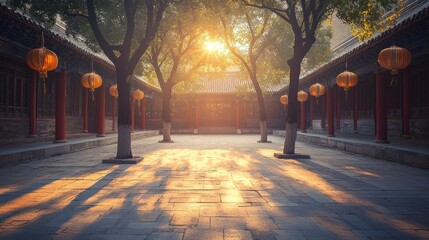 Wall Mural - Sunlit courtyard with traditional Chinese architecture and lanterns.