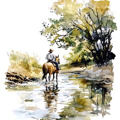 Wall Mural - A lone cowboy rides his horse through a tranquil stream, a watercolor painting depicting a serene rural scene.