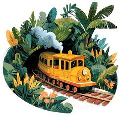 Wall Mural - A whimsical yellow train chugs through a lush, vibrant tropical jungle landscape.