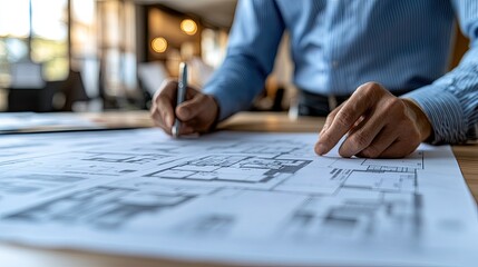 Architect reviewing detailed blueprints in a modern office setting with blurred background activity