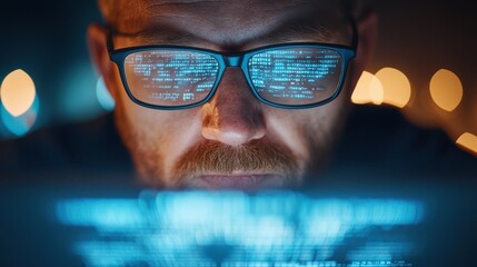 Focused programmer analyzing code on a laptop screen