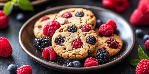 Wall Mural - Delicious berry cookies served for breakfast, these berry cookies provide a delightful morning treat. Enjoy the flavors of berry cookies to start your day on a sweet note.