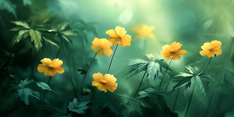 Aufkleber - Softly blurred light illuminating vibrant yellow flowers and lush green leaves creates a serene atmosphere, showcasing the beauty of nature with delicate yellow flowers and rich green leaves.