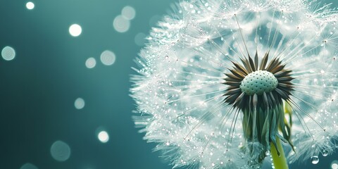 Poster - Dandelion seeds adorned with raindrops create a captivating scene. The delicate dandelion and its shimmering raindrops capture the beauty of nature s design and the essence of tranquility.