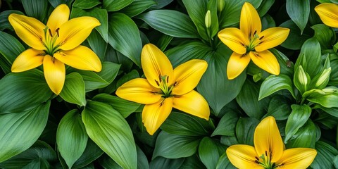 Poster - Bright yellow Canadian lily flowers surrounded by lush green foliage create a stunning display. The vibrant yellow Canadian lily adds beauty to any garden or natural setting with its elegant green