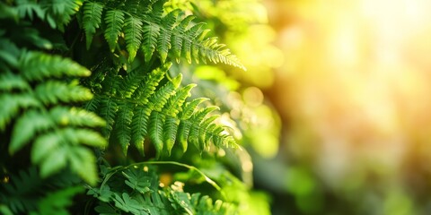Aufkleber - Closeup of vibrant green fern leaves softly illuminated by sunlight on a wall, showcasing the intricate details of green fern leaves in a natural setting.