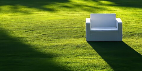Poster - White square chair casting a shadow on a lush green grass field, creating a serene outdoor setting perfect for relaxation. The white square chair adds a touch of elegance to the vibrant grass.