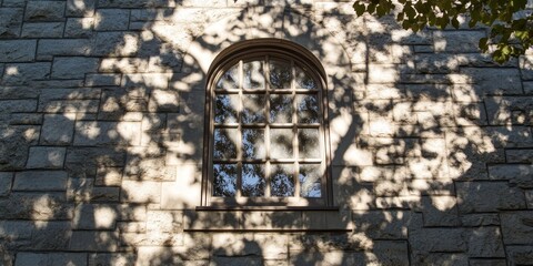 Poster - Stone window casting intricate shadows, showcasing the beauty of natural light on stone, highlighting the interplay of shadow and texture in this captivating window design.