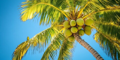 Poster - Palm tree featuring vibrant green coconuts and a small bird resting on its leaves, set against a clear blue sky, showcasing the beauty of nature and the charm of palm trees.