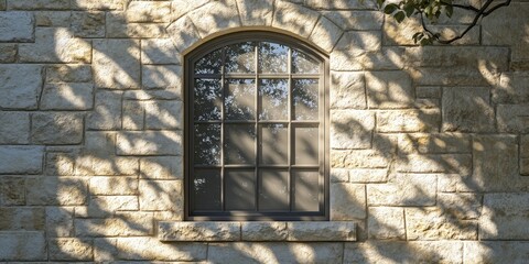Poster - Stone window casting intricate shadows, showcasing the beauty of natural light on stone, highlighting the interplay of shadow and texture in this captivating window design.