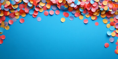 Poster - Colorful round paper confetti creates a vibrant banner on a blue background, providing an inviting empty space in the middle for any desired text or design showcasing colorful round paper confetti.