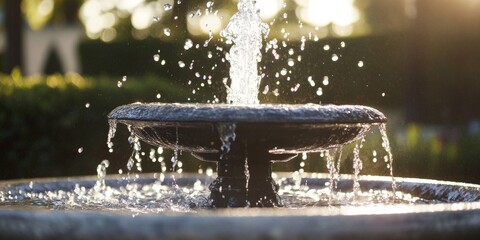 Fototapete - Close up of water drops from a fountain, showcasing the beauty of water in motion. The jet fountain glistens under the sun, emphasizing the sharp details of the water drops.