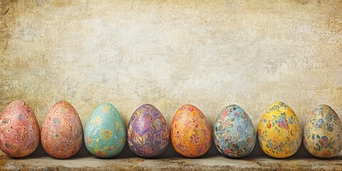 Poster - Vintage paper textures featuring beautifully crafted Easter eggs create a unique visual appeal. The vintage paper textures enhance the charm of the Easter eggs, perfect for creative projects.