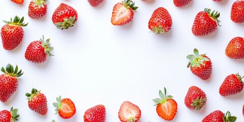 Poster - Fresh and vibrant strawberries displayed on a clean white background, showcasing the natural beauty and juiciness of strawberries in an appealing composition. Perfect for highlighting strawberries.