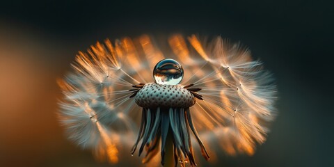 Poster - Droplet resting on dandelion seeds, capturing the delicate beauty of nature. This droplet enhances the charm of the dandelion seeds, showcasing their intricate details beautifully.