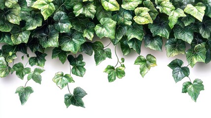 Wall Mural - Lush green ivy leaves cascading down a white wall, creating a vibrant natural border.