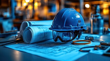 Construction helmet and goggles on blueprints in a well-lit workshop with tools in the background