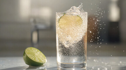 Wall Mural - A chilled glass of sparkling water with bubbles rising, served with a splash of lemon juice for a zesty refreshment.