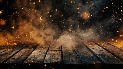 Canvas Print - a vintage wooden table with smoke and sparks on a dark background, fire particles in the air, golden