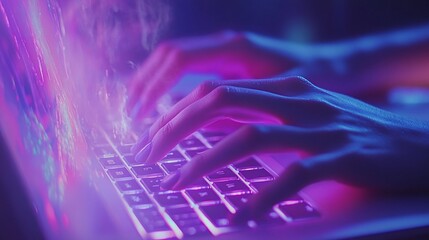 Woman coding, neon glow, late night, screen magic, website design