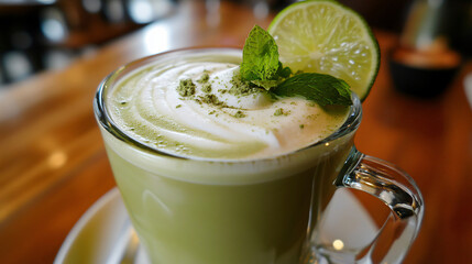 Wall Mural - A chilled Matcha Latte with a creamy coconut base, served with a sprig of mint and a fresh lime wedge for a fresh and rejuvenating twist.