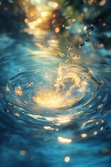 Poster - A splash of water in the ocean with a bright yellow sun in the background. The water is calm and the sun is shining brightly