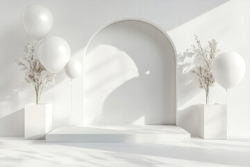 Wall Mural - a white archway with white balloons and white flowers. the archway is in front of two white planters