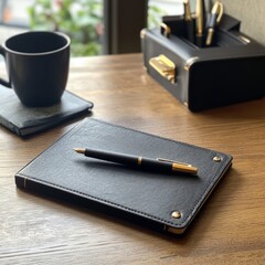 Wall Mural - a black leather bound notebook with a pen on top of it. a cup of coffee is on the table next to the 