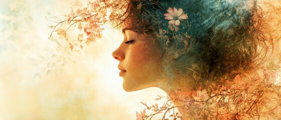 Wall Mural - Woman, flowers, spring, serene, nature, profile, peace,  beauty, calm, fantasy, art, stock photo