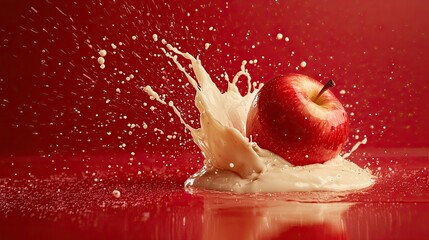 An apple fell onto the surface of the yogurt wall, splashing against a red gradient background.