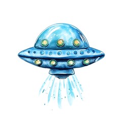 Canvas Print - Watercolor painting of a blue UFO with light beams, perfect for children's books, websites, or space-themed designs.