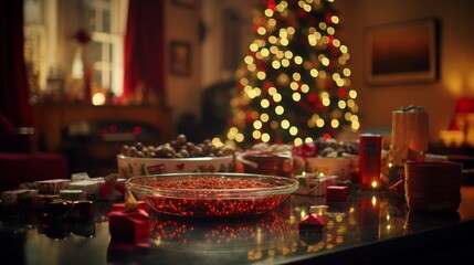 Wall Mural - A Christmas table with a red bowl of food and a Christmas tree in the background. Scene is festive and warm