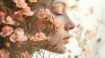 Wall Mural - Woman, roses, serene, beauty, portrait, spring, outdoors, calm