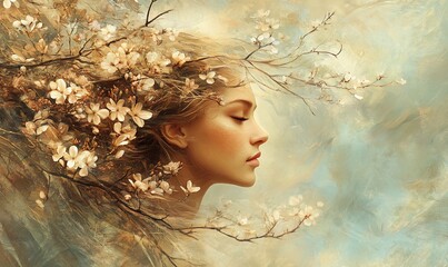 Wall Mural - Woman, spring blossoms, profile, serene, nature, artwork, fantasy, beauty, ethereal, stock photo