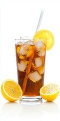 Wall Mural - A glass of iced tea with a lemon slice on top. The drink is cold and refreshing, perfect for a hot day