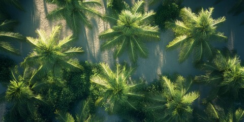 Wall Mural - A lush green forest with palm trees in the foreground and background. The trees are tall and leafy, creating a serene and peaceful atmosphere