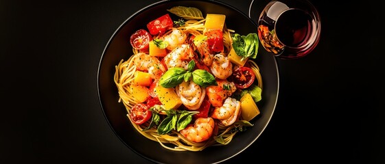 Wall Mural - Italian dining concept featuring spaghetti and Chianti wine. Colorful shrimp pasta with vegetables in a dark setting