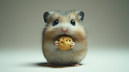 Wall Mural - Cute hamster holding a small round treat in its paws against a neutral background.