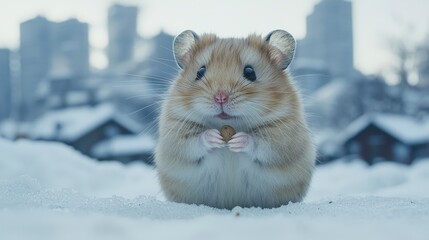 Wall Mural - Cute hamster holding food in snowy city.