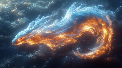 Wall Mural - Fiery, icy dragon swirls in cosmic sea.