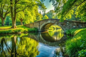  Summer Serenity: Minimalist View of Vintage Stone Bridge in Lush Green Park