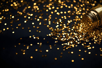 Wall Mural - A luxurious black background adorned with scattered gold confetti, ideal for glamorous celebrations or festive events like New Year's, weddings, and anniversaries