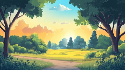 Wall Mural - Serene Sunset Landscape With Trees And Path