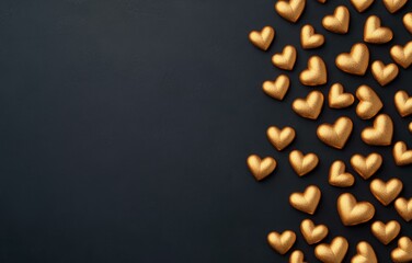 Wall Mural - A cluster of gold hearts on a solid black background for decorative purposes