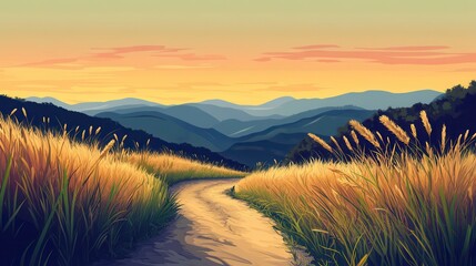 Wall Mural - Serene Sunset Over Rolling Hills And Grassy Path